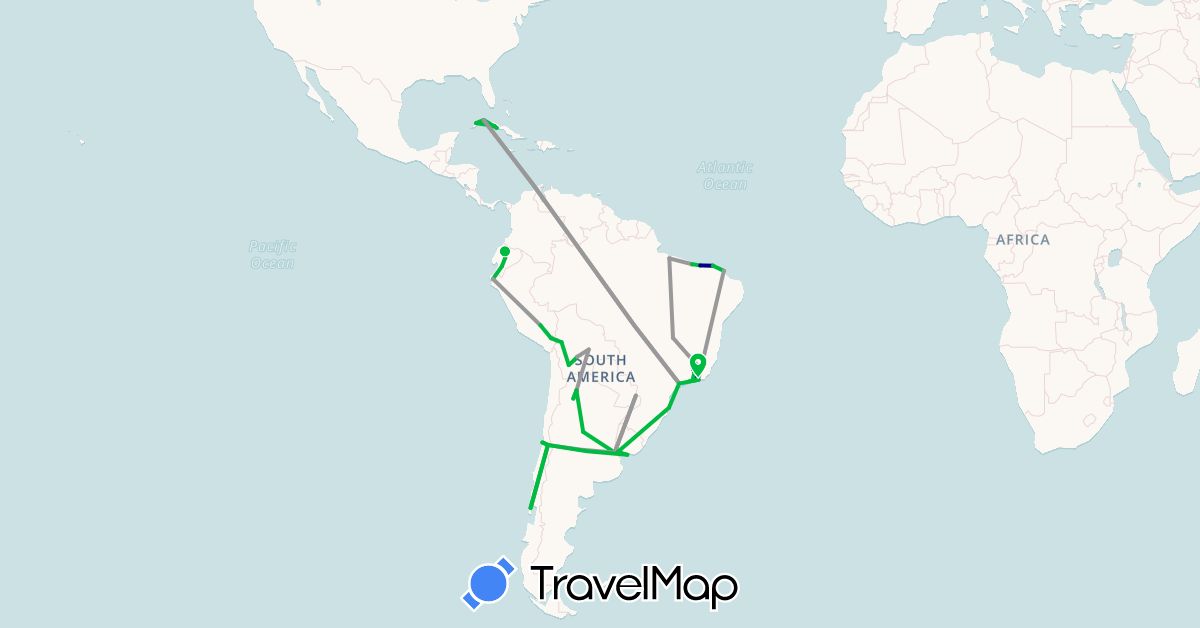 TravelMap itinerary: driving, bus, plane in Argentina, Bolivia, Brazil, Chile, Cuba, Ecuador, Peru, Uruguay (North America, South America)